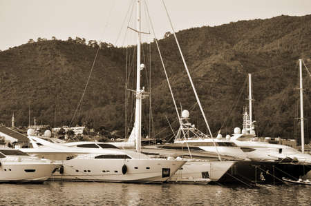 Marmaris / Turkey - September 10, 2017: Harbor for yachts in the harbor in the city of Marmaris,...