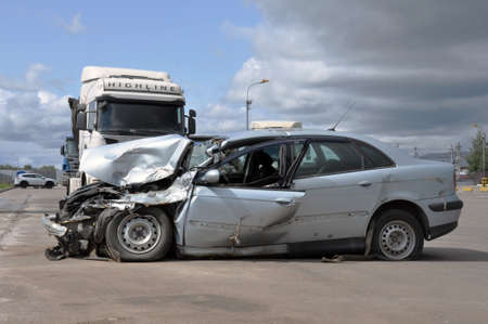 Moscow, Russia - July 30, 2019: Accident involving a car and a truck. Broken carのeditorial素材