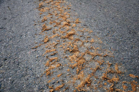 Traces of a car tire on sand asphalt. Ecologyの写真素材