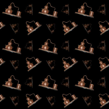 Alambik Cooper is a device for distilling mash and obtaining pure alcohol. Seamless pattern.の写真素材