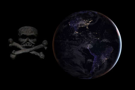 Skull and crossbones on the background of the planet earth. Doomsday concept. Elements provided by...