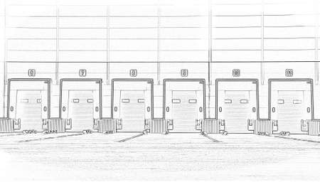 Large distribution warehouse with gates for loading goods. Sketch, projectの写真素材