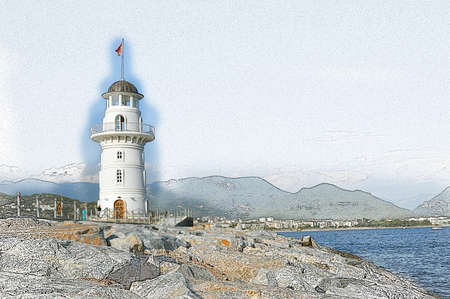 Illustration of a lighthouse in the port of the city of Alanya, Turkey.の写真素材