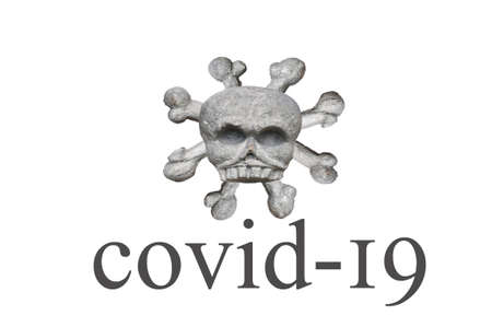 Grey skull with covid-19 on white