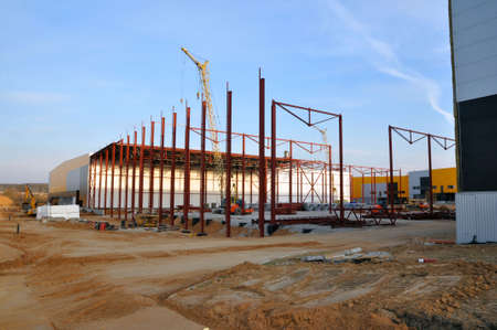 New construction of a warehouse logistics warehouse. Installation of metal structures. construction...