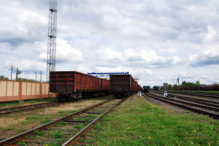 Railway cars at the final stop. Rail freight transport. Rails
