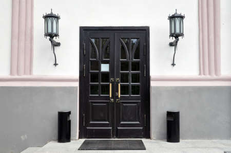 Classic front door with double glazing and two large front lights. Porchの写真素材