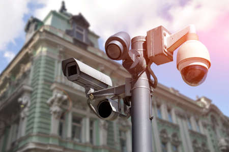 multidirectional CCTV camera installed on a city street. Safetyの写真素材