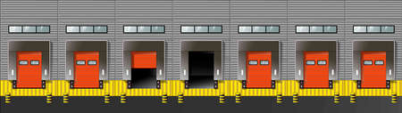 The concept of a large distribution warehouse with a gate for loading goods. Loading gate.のイラスト素材