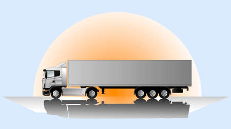 Side view of a modern European truck on the background of the sunrise. Freight transport concept. Vector illustration.のイラスト素材