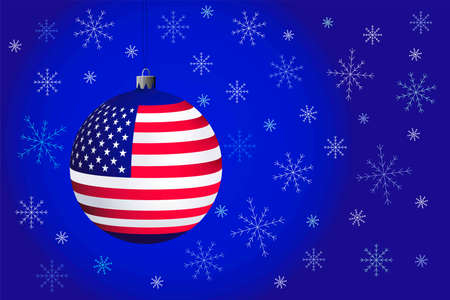 New Year card - blue Christmas ball with USA flag. Vector illustrationのイラスト素材