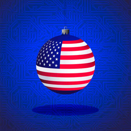 Christmas ball with the flag of the USA - the great IT country, against the background of the circuit board. Vector illustrationのイラスト素材