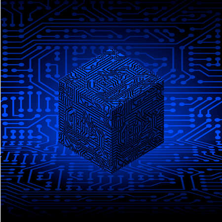 Isometric electronic cube. Background of modern futuristic electronic circuit board. Vector...