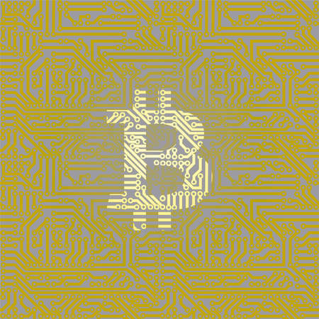 Bitcoin sign on a circuit board background.のイラスト素材
