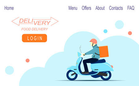 Daily food delivery on a scooter. Web banner design. Vector flat illustration.のイラスト素材