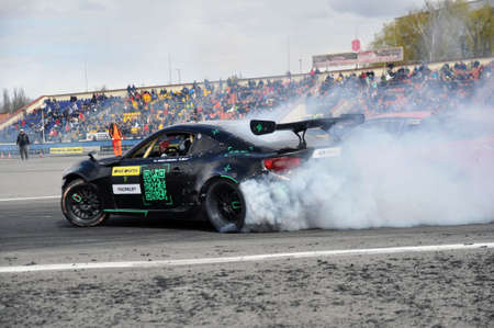 April 25, 2021 - Pinsk, Belarus: Driving in a car with a controlled skid. Drift.