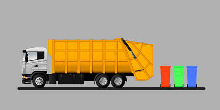 Garbage truck and municipal garbage cans.