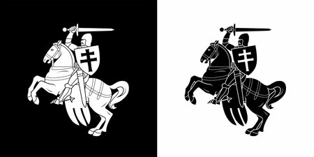 Black and white versions of images of a rider on a horse from the coat of arms of the Republic of Belarus in 1991 - 1994. Vector illustration.のイラスト素材