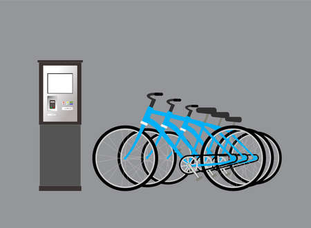 Bike rental. Community bikes are lined up and ready to rent.のイラスト素材