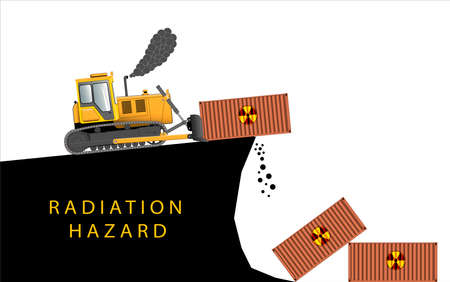 Burial of radioactive waste. A bulldozer drops a container into a quarry. Radiation hazard.のイラスト素材