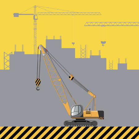 Hydraulic crawler self-propelled crane. Construction machinery on the background of a building under construction. Flat vector illustration.のイラスト素材