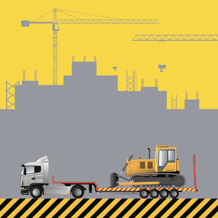 Transportation of a bulldozer on a low loader. Construction machinery on the background of a building under construction. Flat vector illustration.のイラスト素材