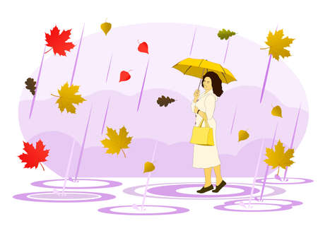 Beautiful woman with an umbrella walking through the puddles in the pouring rain about autumn leaves. Vector flat illustrationのイラスト素材