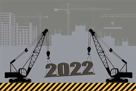 New Year card. 2022 year. Construction cranes. Flat vector illustration.のイラスト素材