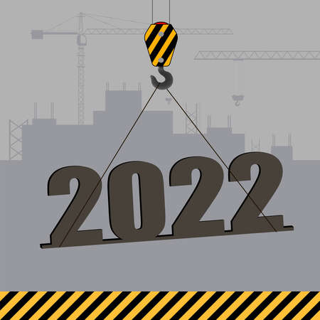 Happy New Year and Merry Christmas concept. A crane lifts the symbol of 2022 against the backdrop of a construction site. Flat vector illustration.のイラスト素材