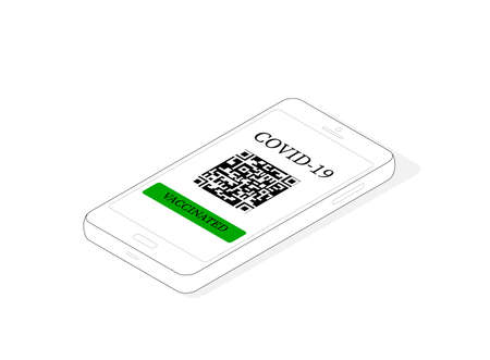 Vaccination certificate on the screen of a mobile phone with a QR code and a vaccination mark. Flat vector illustration.のイラスト素材