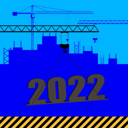 Happy New Year and Merry Christmas concept. A crane lifts the symbol of 2022 against the backdrop of a construction site. Flat vector illustration.のイラスト素材