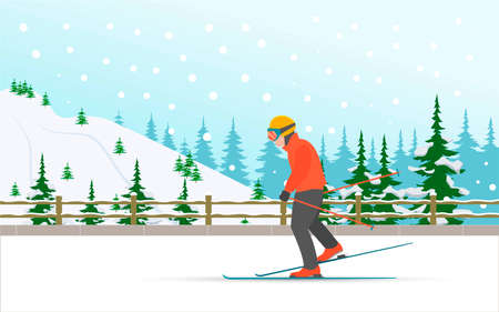 Skiing in winter. Winter sports resort in the mountains on the hills. Flat vector illustration.のイラスト素材