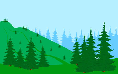 Summer landscape with coniferous forest and mountain slope. Flat vector illustration.のイラスト素材