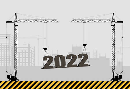 New Year card. Tower construction cranes are lifting the New Year 2022 numbers. Flat vector illustration.のイラスト素材