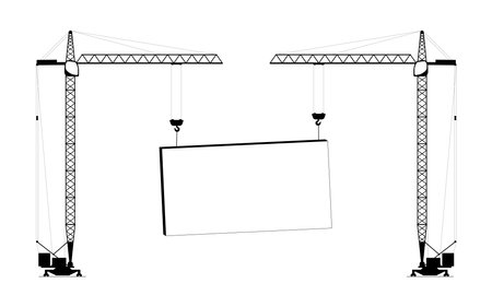 Two cranes are holding a white plate. Concept. Copy space. Flat vector illustration.のイラスト素材