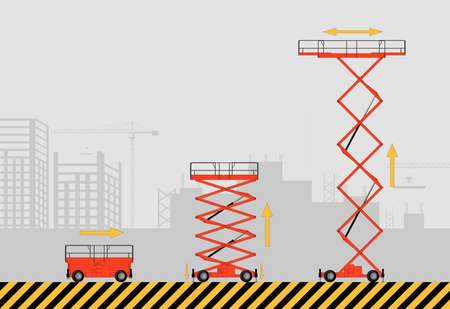 Set of scissors lifting platform on the background of the construction site. Hydraulic lift. Vector flat illustration.のイラスト素材