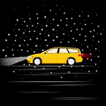 The car moves at night during a snowfall. Flat vector illustration.のイラスト素材