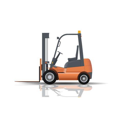New industrial forklift truck with reflection from the floor isolated on white background. Storage equipment. Flat vector illustration.のイラスト素材