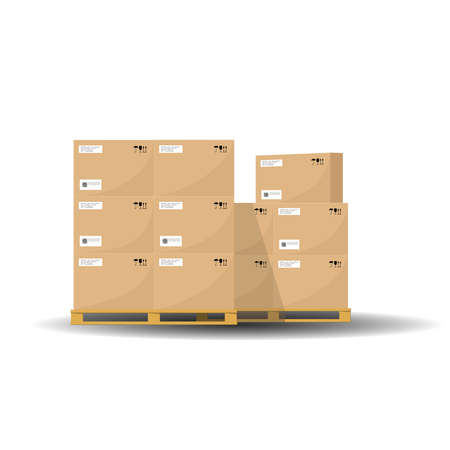 Cardboard boxes on a wooden pallet. Warehouse storage, logistics, transportation. Flat vector illustration.のイラスト素材