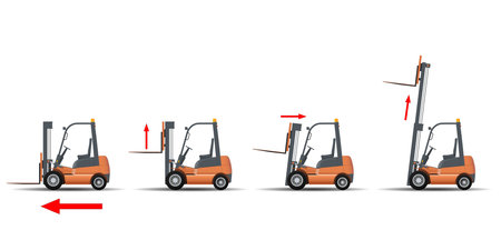 A set of images of a forklift truck with different positions of the forks. Storage equipment.のイラスト素材