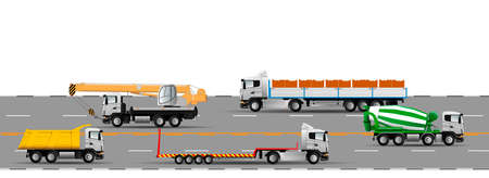 Road traffic on the highway. Construction machinery. Road train, low loader, platform, mixer, dump truck, truck crane. Flat vector illustration.のイラスト素材