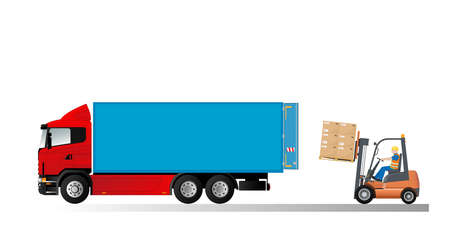 Forklift loading pallets with cardboard boxes, side view. Logistics and delivery of goods. Flat vector illustration.のイラスト素材