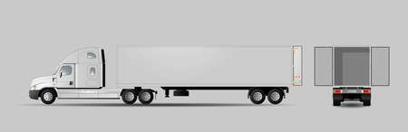 Modern American truck with open trailer doors. Side and back views. Delivery van isolated. Flat vector illustration.のイラスト素材