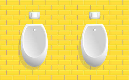 Public toilet. Two male urinals on the wall on a yellow tiled wall. Flat vector illustration.のイラスト素材