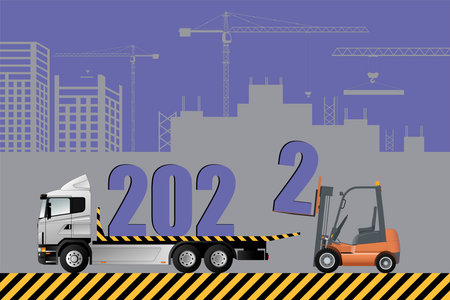 New Year card, 2022. Forklift truck loads Christmas figurines into the truck. very peri.のイラスト素材