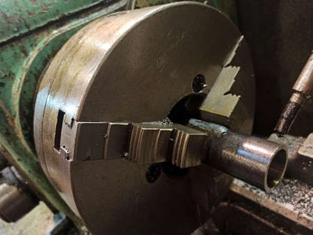 Vintage lathe in the workshop at the factory. industry.