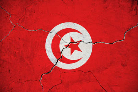 An image of the Tunisia flag on a wall with a crack. background.の写真素材