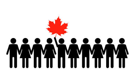 Sketch of the crowd and the leader with a red maple leaf. Vector flat illustration.のイラスト素材