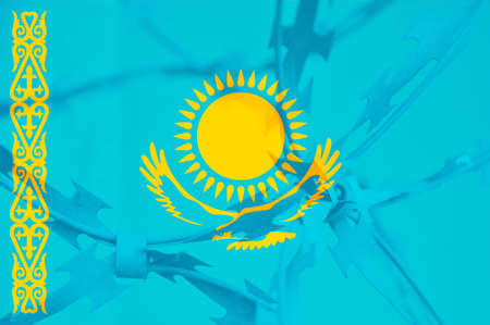 Abstract image of the national flag of Kazakhstan with twisted barbed wire. Repression.の写真素材