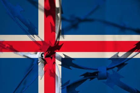 Abstract image of the national flag of Iceland with twisted barbed wire.の写真素材